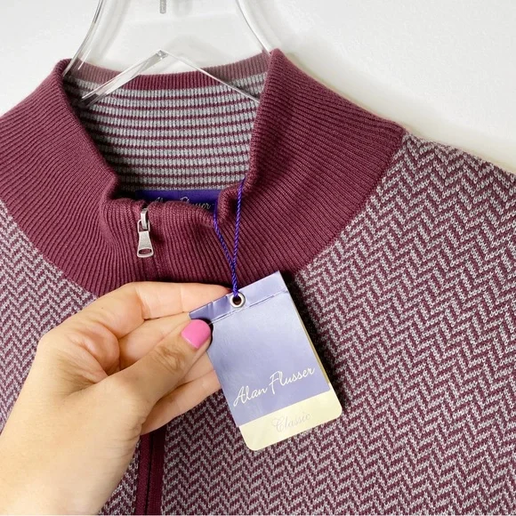 NWT Alan Flusser Quarter Zip Herringbone Knit Sweater Burgundy XL - Picture 8 of 11